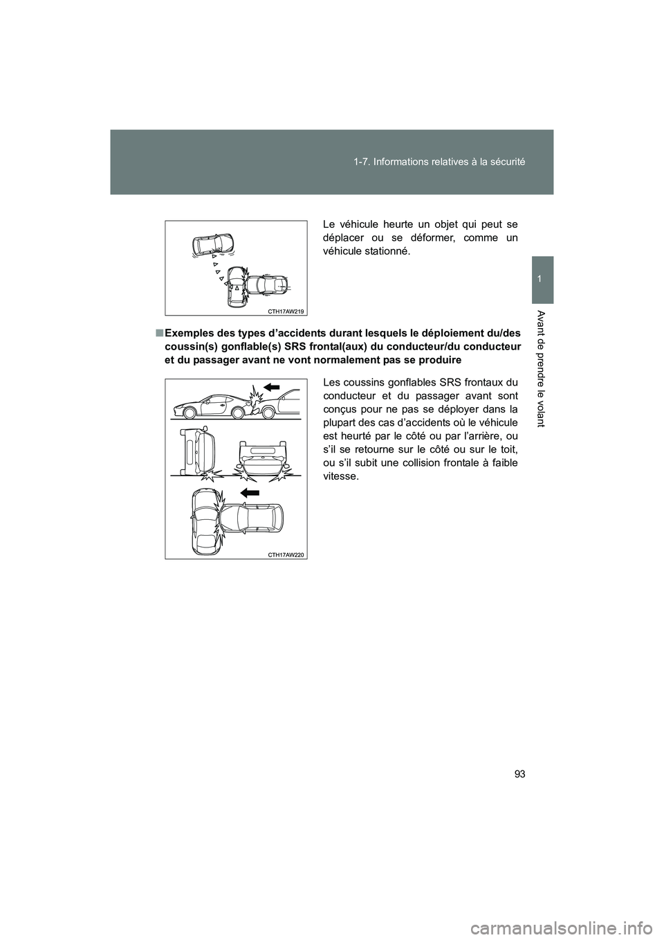TOYOTA 86 2017  Manuel du propriétaire (in French) 93
1-7. Informations relatives à la sécurité
1
Avant de prendre le volant
86_D_(OM18069D)
■
Exemples des types d’accidents durant lesquels le déploiement du/des
coussin(s) gonflable(s) SRS fro