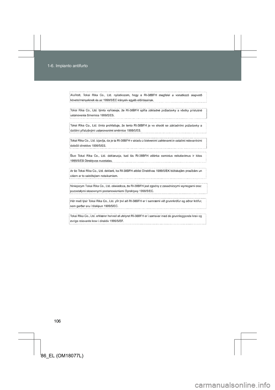 TOYOTA 86 2017  Manuale duso (in Italian) 106
1-6. Impianto antifurto
86_EL (OM18077L) 