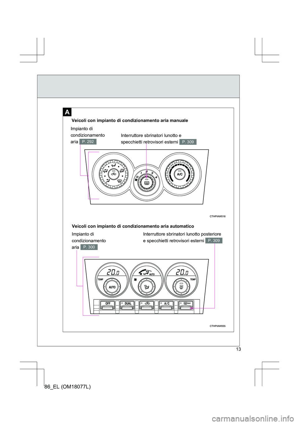 TOYOTA 86 2017  Manuale duso (in Italian) 86_EL (OM18077L)
13
A
Veicoli con impianto di condizionamento aria manuale
Impianto di 
condizionamento 
aria 
P. 292
Interruttore sbrinatori lunotto e 
specchietti retrovisori esterni 
P. 309
Veicoli