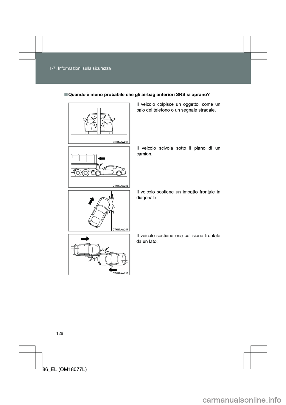 TOYOTA 86 2017 Manuale duso (in Italian) 126
1-7. Informazioni sulla sicurezza
86_EL (OM18077L)
■
Quando è meno probabile che gli airbag anteriori SRS si aprano?
Il veicolo colpisce un oggetto, come un
palo del telefono o un segnale strad TOYOTA 86 2017 Manuale duso (in Italian) 126
1-7. Informazioni sulla sicurezza
86_EL (OM18077L)
■
Quando è meno probabile che gli airbag anteriori SRS si aprano?
Il veicolo colpisce un oggetto, come un
palo del telefono o un segnale strad