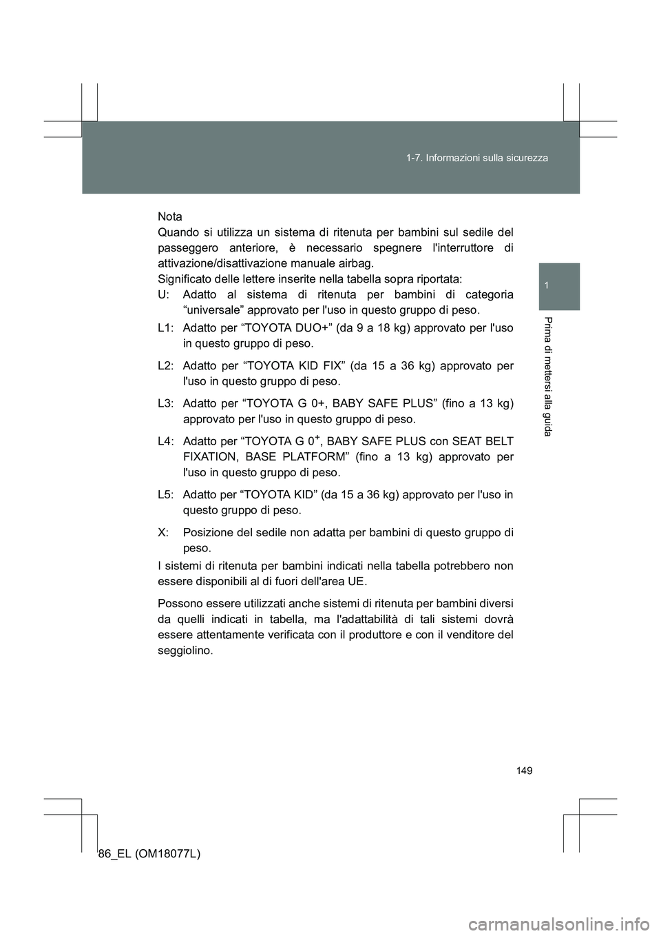 TOYOTA 86 2017  Manuale duso (in Italian) 149
1-7. Informazioni sulla sicurezza
1
Prima di mettersi alla guida
86_EL (OM18077L)
Nota
Quando si utilizza un sistema di ritenuta per bambini sul sedile del
passeggero anteriore, è necessario speg
