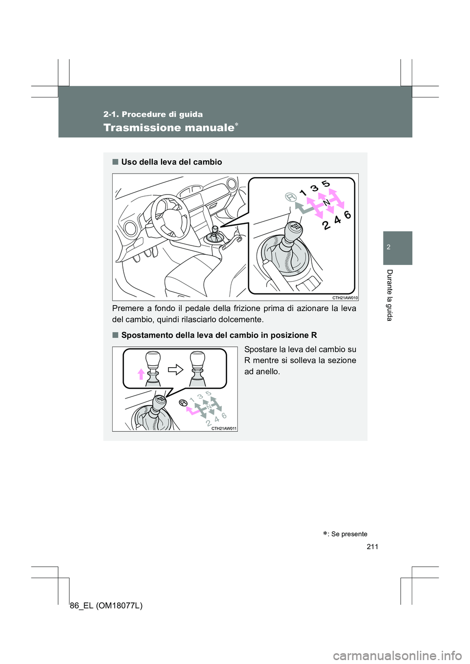 TOYOTA 86 2017  Manuale duso (in Italian) 211
2-1. Procedure di guida
2
Durante la guida
86_EL (OM18077L)
Trasmissione manuale∗
∗: Se presente
■Uso della leva del cambio
Premere a fondo il pedale della frizione prima di azionare la leva