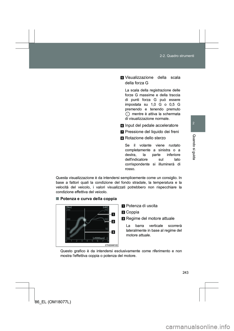 TOYOTA 86 2017 Manuale duso (in Italian) 243
2-2. Quadro strumenti
2
Quando si guida
86_EL (OM18077L)
Questa visualizzazione è da intendersi semplicemente come un consiglio. In
base a fattori quali la condizione del fondo stradale, la tempe TOYOTA 86 2017 Manuale duso (in Italian) 243
2-2. Quadro strumenti
2
Quando si guida
86_EL (OM18077L)
Questa visualizzazione è da intendersi semplicemente come un consiglio. In
base a fattori quali la condizione del fondo stradale, la tempe