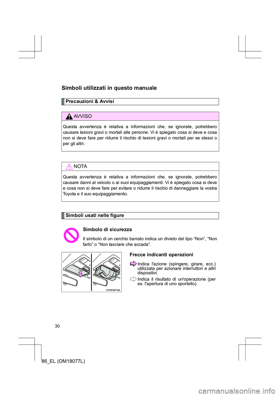 TOYOTA 86 2017  Manuale duso (in Italian) 86_EL (OM18077L)
30
Simboli utilizzati in questo manuale
Precauzioni & Avvisi 
Simboli usati nelle figure
AVVISO
Questa avvertenza è relativa a informazioni che, se ignorate, potrebbero
causare lesio