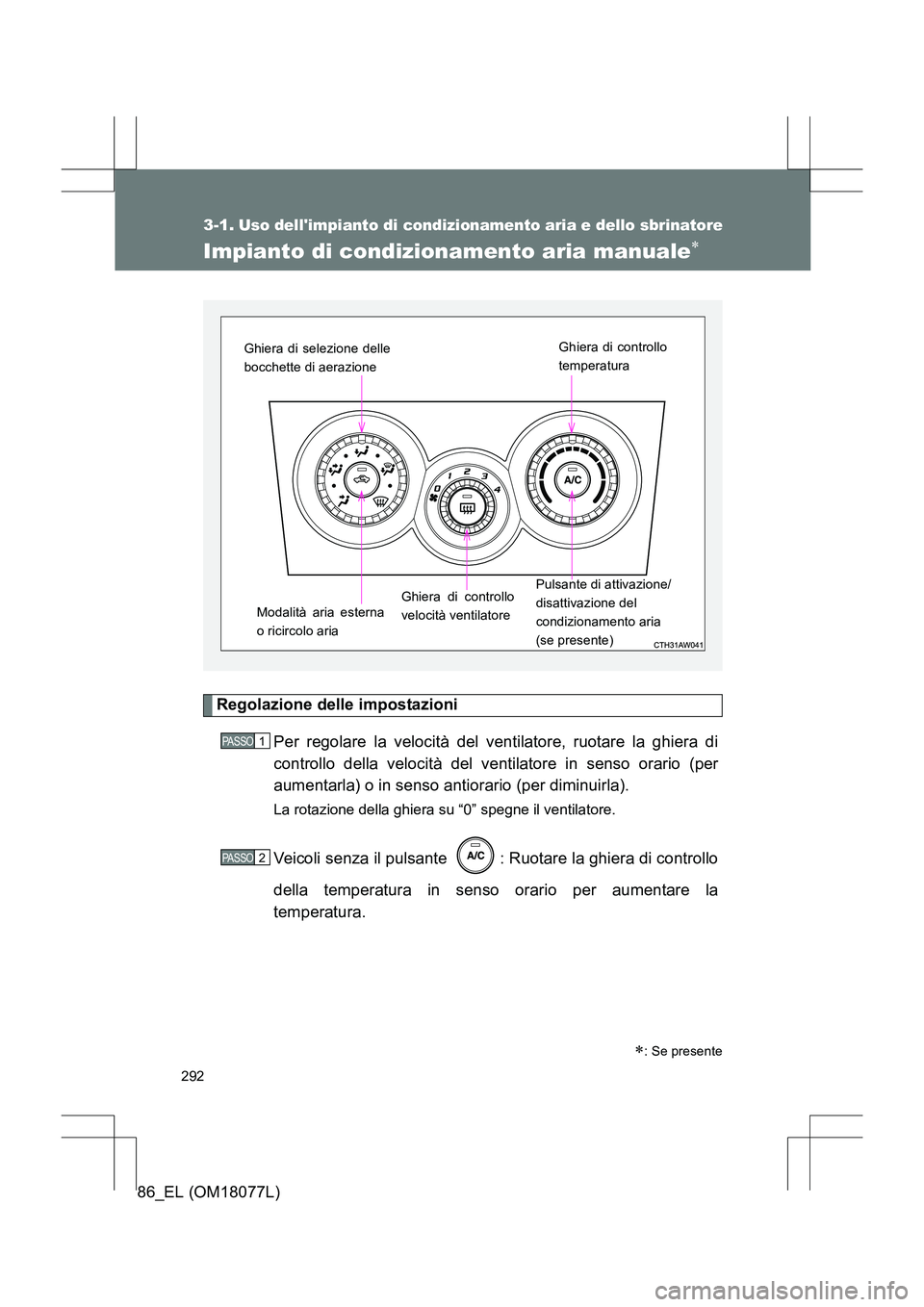 TOYOTA 86 2017 Manuale duso (in Italian) 292
86_EL (OM18077L)
3-1.Uso dellimpianto di condizionamento aria e dello sbrinatore
Impianto di condizionamento aria manuale∗
Regolazione delle impostazioni
Per regolare la velocità del ventilato TOYOTA 86 2017 Manuale duso (in Italian) 292
86_EL (OM18077L)
3-1.Uso dellimpianto di condizionamento aria e dello sbrinatore
Impianto di condizionamento aria manuale∗
Regolazione delle impostazioni
Per regolare la velocità del ventilato