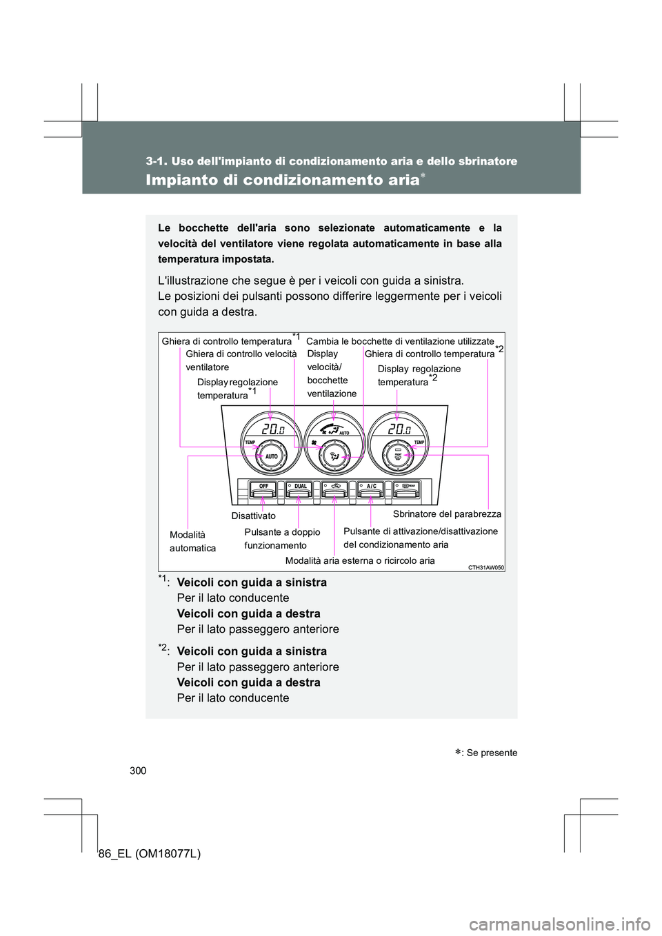 TOYOTA 86 2017 Manuale duso (in Italian) 300
3-1. Uso dellimpianto di condizionamento aria e dello sbrinatore
86_EL (OM18077L)
Impianto di condizionamento aria∗
Le bocchette dellaria sono selezionate automaticamente e la
velocità del ve TOYOTA 86 2017 Manuale duso (in Italian) 300
3-1. Uso dellimpianto di condizionamento aria e dello sbrinatore
86_EL (OM18077L)
Impianto di condizionamento aria∗
Le bocchette dellaria sono selezionate automaticamente e la
velocità del ve