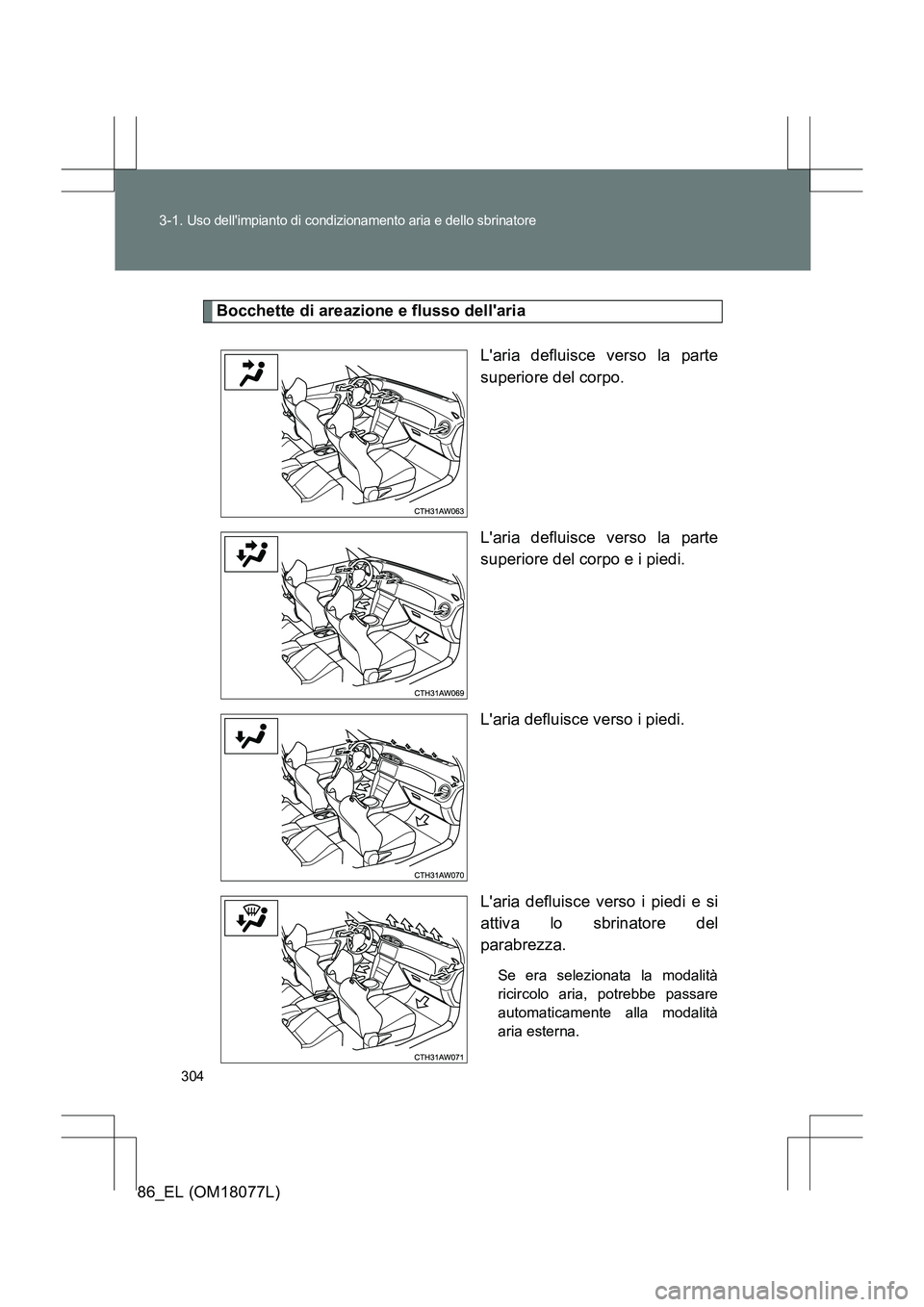 TOYOTA 86 2017 Manuale duso (in Italian) 304
3-1.
Uso dellimpianto di condizionamento aria e dello sbrinatore
86_EL (OM18077L)
Bocchette di areazione e flusso dellaria
Laria defluisce verso la parte
superiore del corpo.
Laria defluisce TOYOTA 86 2017 Manuale duso (in Italian) 304
3-1.
Uso dellimpianto di condizionamento aria e dello sbrinatore
86_EL (OM18077L)
Bocchette di areazione e flusso dellaria
Laria defluisce verso la parte
superiore del corpo.
Laria defluisce