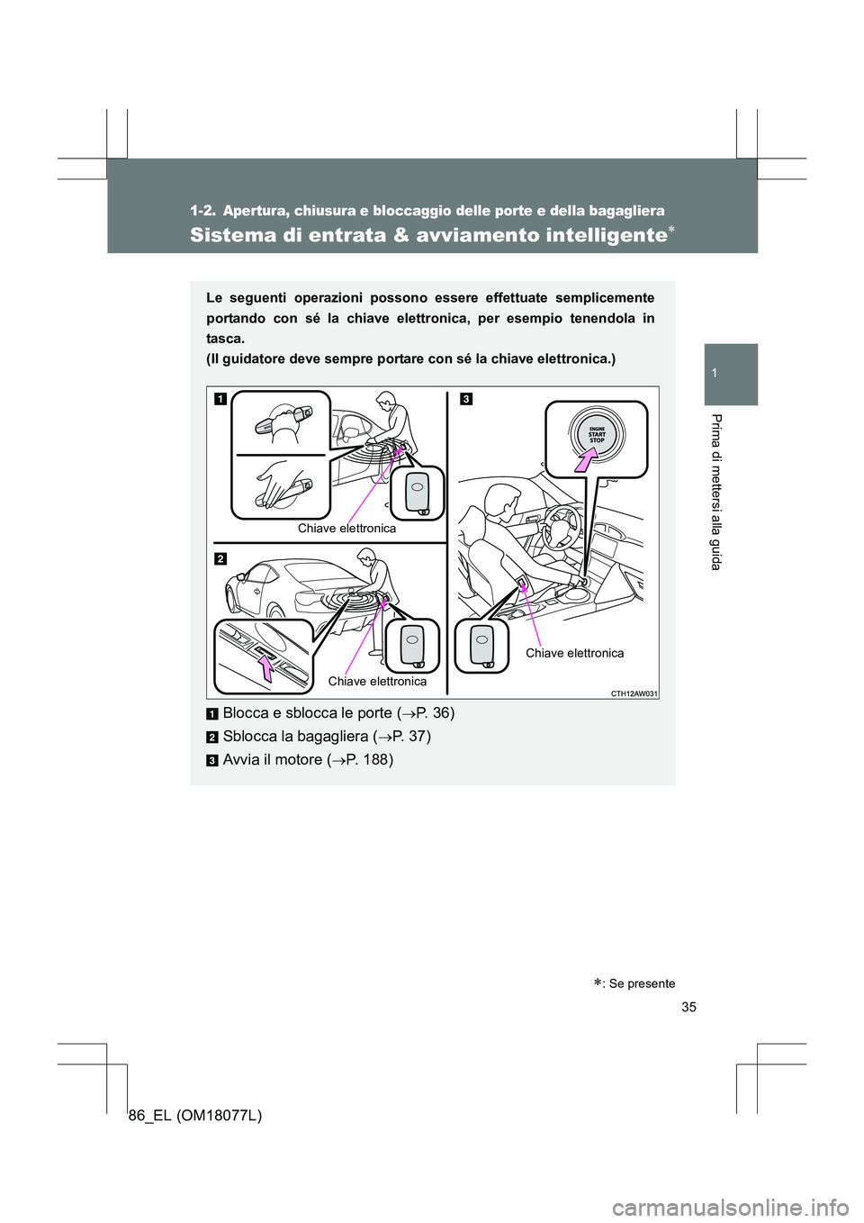 TOYOTA 86 2017 Manuale duso (in Italian) 35
1
Prima di mettersi alla guida
86_EL (OM18077L)
1-2. Apertura, chiusura e bloccaggio delle porte e della bagagliera
Sistema di entrata & avviamento intelligente∗
Le seguenti operazioni possono es TOYOTA 86 2017 Manuale duso (in Italian) 35
1
Prima di mettersi alla guida
86_EL (OM18077L)
1-2. Apertura, chiusura e bloccaggio delle porte e della bagagliera
Sistema di entrata & avviamento intelligente∗
Le seguenti operazioni possono es