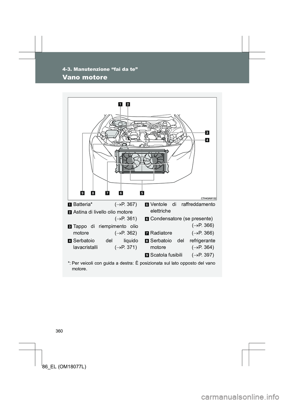 TOYOTA 86 2017 Manuale duso (in Italian) 360
4-3. Manutenzione “fai da te”
86_EL (OM18077L)
Vano motore
*: Per veicoli con guida a destra: È posizionata sul lato opposto del vanomotore.
Batteria* ( →P. 367)
Astina di livello olio moto TOYOTA 86 2017 Manuale duso (in Italian) 360
4-3. Manutenzione “fai da te”
86_EL (OM18077L)
Vano motore
*: Per veicoli con guida a destra: È posizionata sul lato opposto del vanomotore.
Batteria* ( →P. 367)
Astina di livello olio moto