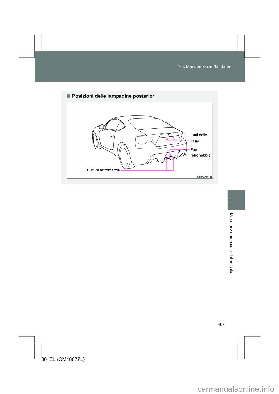 TOYOTA 86 2017  Manuale duso (in Italian) 407
4-3. Manutenzione “fai da te”
4
Manutenzione e cura del veicolo
86_EL (OM18077L)
■
Posizioni delle lampadine posteriori
Luci di retromarcia Luci della 
targa
Faro
retronebbia 
