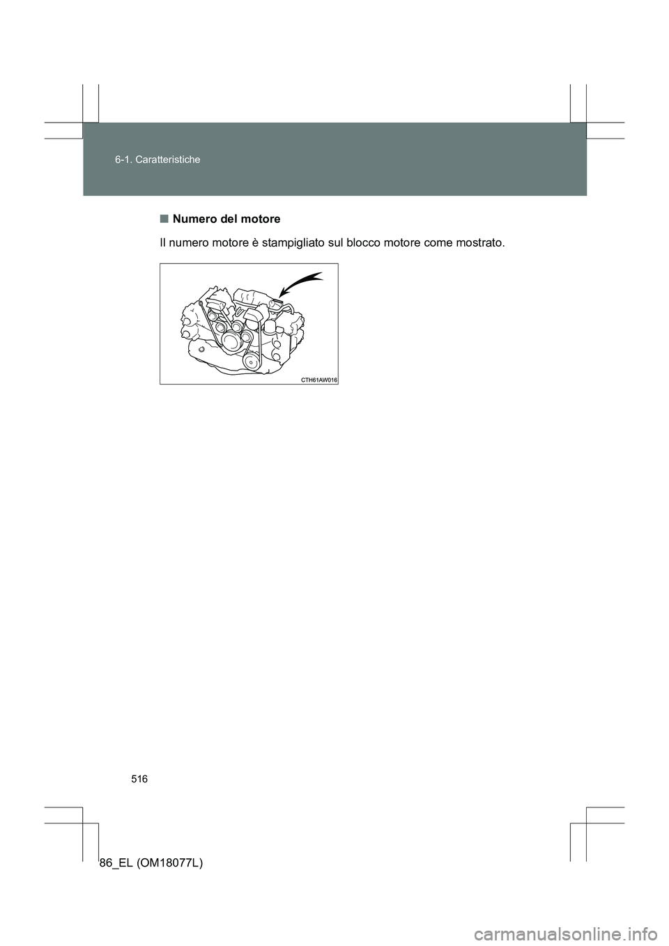 TOYOTA 86 2017  Manuale duso (in Italian) 516
6-1. Caratteristiche
86_EL (OM18077L)
■
Numero del motore
Il numero motore è stampigliato sul blocco motore come mostrato. 