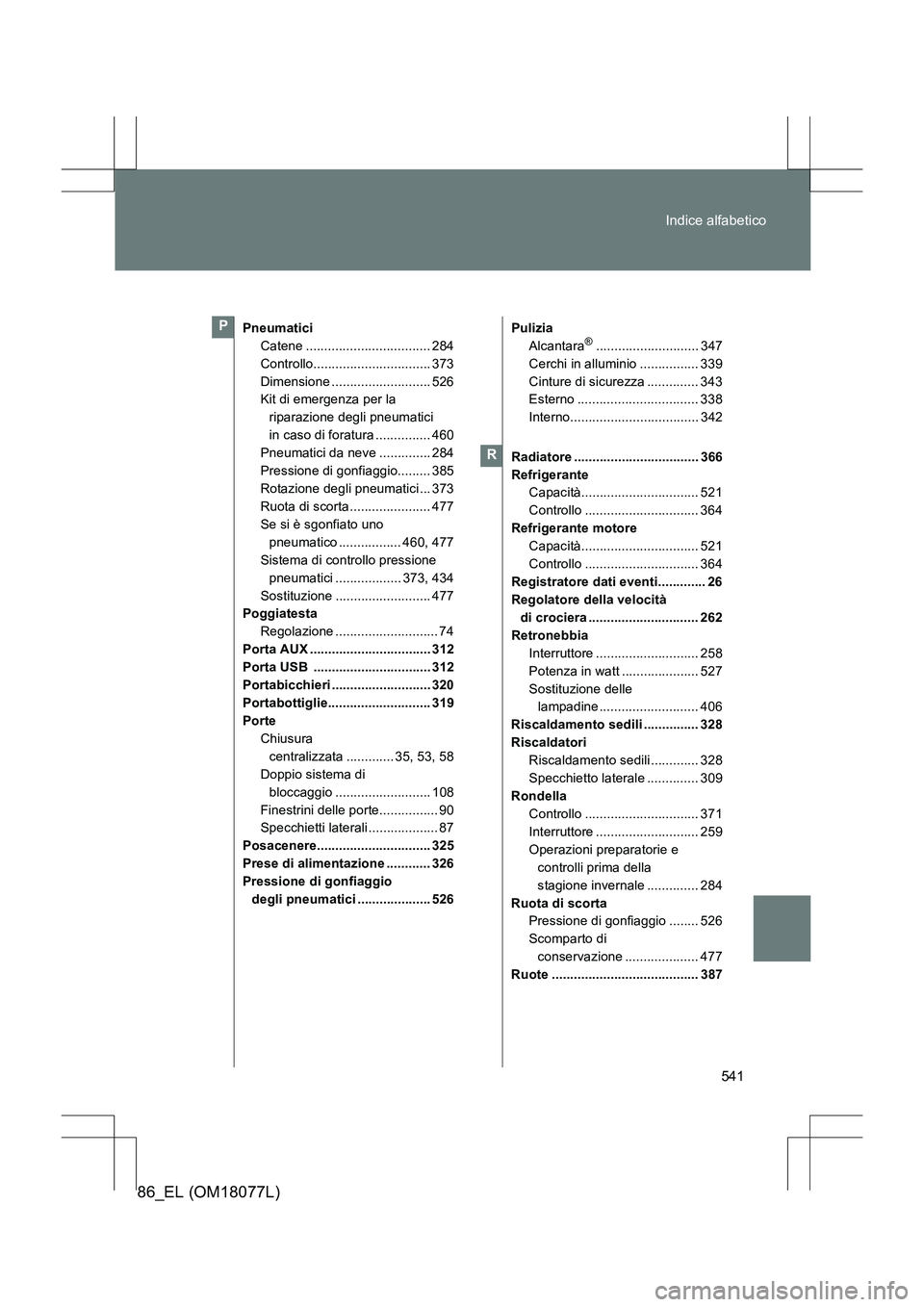 TOYOTA 86 2017  Manuale duso (in Italian) 541
Indice alfabetico
86_EL (OM18077L)
Pneumatici
Catene .................................. 284
Controllo................................ 373
Dimensione ........................... 526
Kit di emergenz