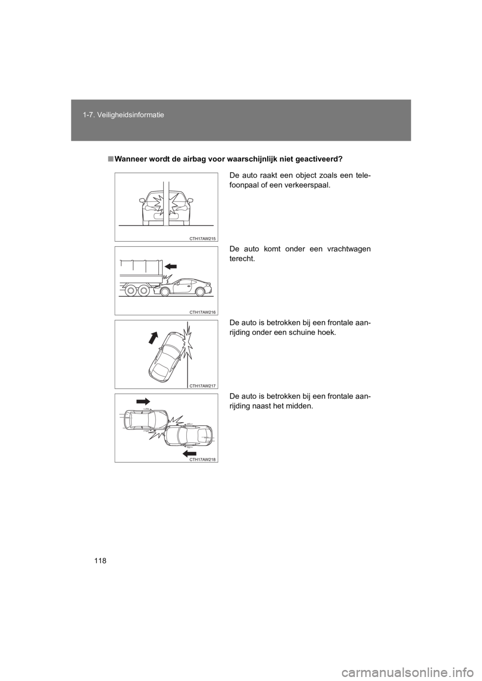 TOYOTA 86 2017 Instructieboekje (in Dutch) 118
1-7. Veiligheidsinformatie
86_EE (OM18071E)
■
Wanneer wordt de airbag voor waarschijnlijk niet geactiveerd?
De auto raakt een object zoals een tele-
foonpaal of een verkeerspaal.
De auto TOYOTA 86 2017 Instructieboekje (in Dutch) 118
1-7. Veiligheidsinformatie
86_EE (OM18071E)
■
Wanneer wordt de airbag voor waarschijnlijk niet geactiveerd?
De auto raakt een object zoals een tele-
foonpaal of een verkeerspaal.
De auto