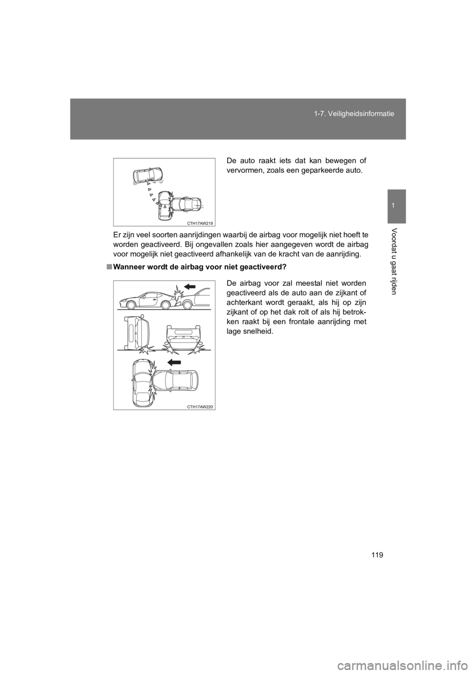 TOYOTA 86 2017 Instructieboekje (in Dutch) 119
1-7. Veiligheidsinformatie
1
Voordat u gaat rijden
86_EE (OM18071E)
Er zijn veel soorten aanrijdingen waarbij de airbag voor mogeli
jk niet hoeft te
worden geactiveerd. Bij ongevallen zoals h TOYOTA 86 2017 Instructieboekje (in Dutch) 119
1-7. Veiligheidsinformatie
1
Voordat u gaat rijden
86_EE (OM18071E)
Er zijn veel soorten aanrijdingen waarbij de airbag voor mogeli
jk niet hoeft te
worden geactiveerd. Bij ongevallen zoals h