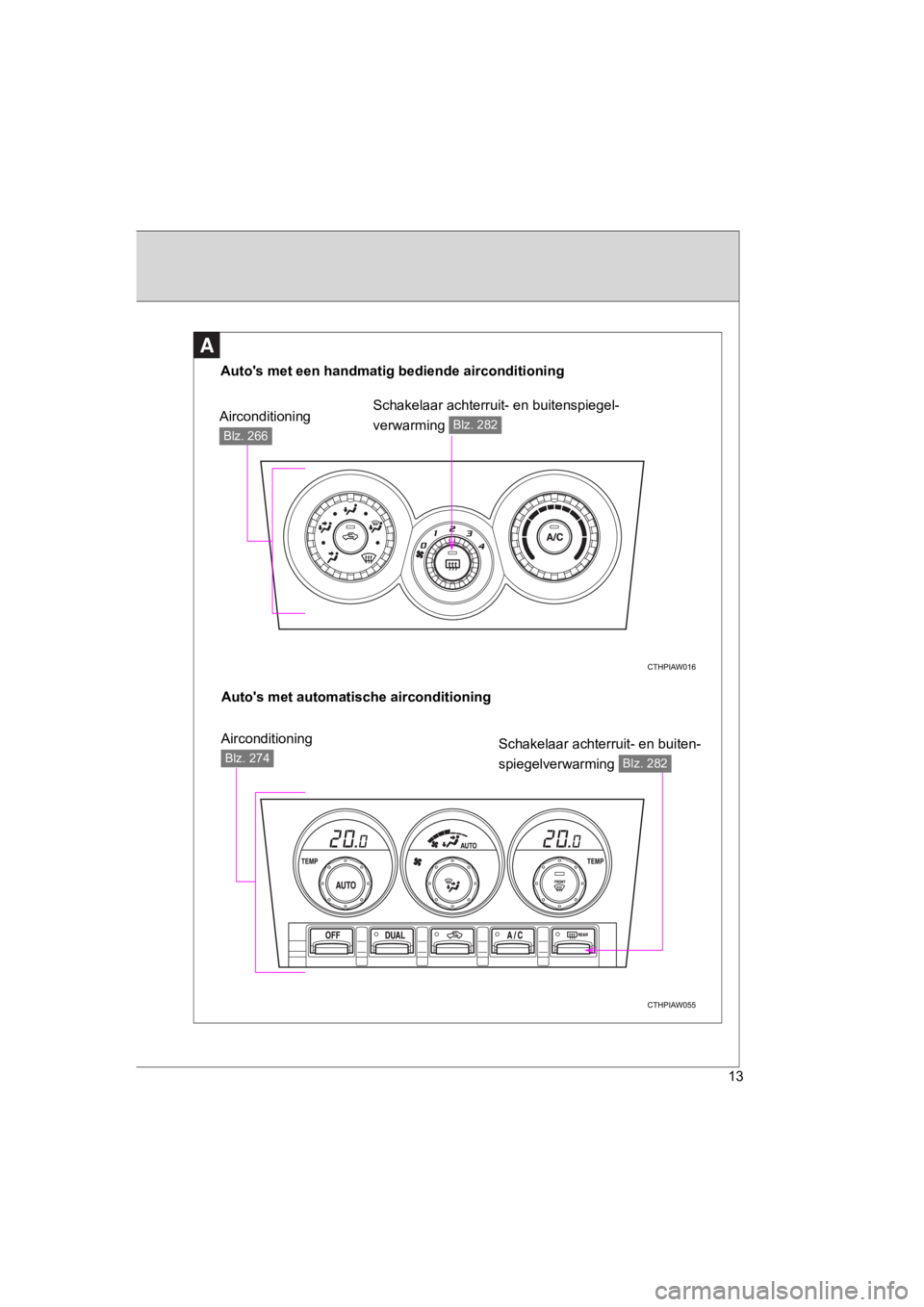 TOYOTA 86 2017 Instructieboekje (in Dutch) 86_EE (OM18071E)
13
A
Auto's met een handmatig bediende airconditioning
Airconditioning
Blz. 266
Schakelaar achterruit- en buitenspiegel-
verwarming
Blz. 282
Auto's met automatische aircondi TOYOTA 86 2017 Instructieboekje (in Dutch) 86_EE (OM18071E)
13
A
Auto's met een handmatig bediende airconditioning
Airconditioning
Blz. 266
Schakelaar achterruit- en buitenspiegel-
verwarming
Blz. 282
Auto's met automatische aircondi