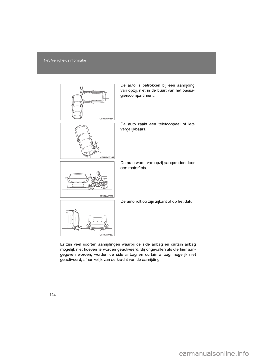 TOYOTA 86 2017 Instructieboekje (in Dutch) 124
1-7. Veiligheidsinformatie
86_EE (OM18071E)
Er zijn veel soorten aanrijdingen waarbij de side airbag en cur
tain airbag
mogelijk niet hoeven te worden geactiveerd. Bij ongevallen als d TOYOTA 86 2017 Instructieboekje (in Dutch) 124
1-7. Veiligheidsinformatie
86_EE (OM18071E)
Er zijn veel soorten aanrijdingen waarbij de side airbag en cur
tain airbag
mogelijk niet hoeven te worden geactiveerd. Bij ongevallen als d