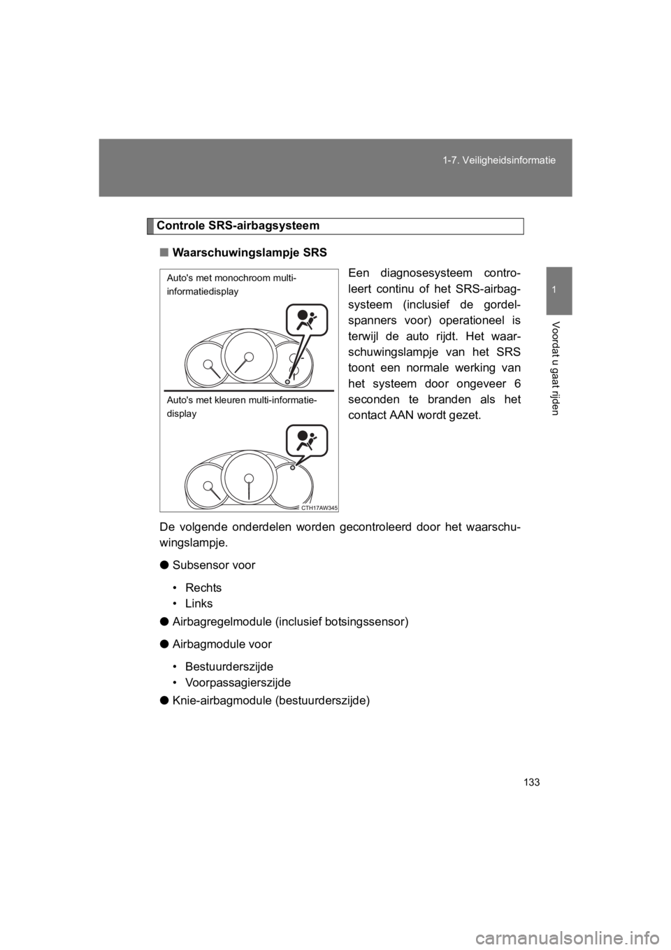 TOYOTA 86 2017 Instructieboekje (in Dutch) 133
1-7. Veiligheidsinformatie
1
Voordat u gaat rijden
86_EE (OM18071E)
Controle SRS-airbagsysteem
■ Waarschuwingslampje SRS
Een diagnosesysteem contro-
leert continu of het SRS-airbag-
systee TOYOTA 86 2017 Instructieboekje (in Dutch) 133
1-7. Veiligheidsinformatie
1
Voordat u gaat rijden
86_EE (OM18071E)
Controle SRS-airbagsysteem
■ Waarschuwingslampje SRS
Een diagnosesysteem contro-
leert continu of het SRS-airbag-
systee