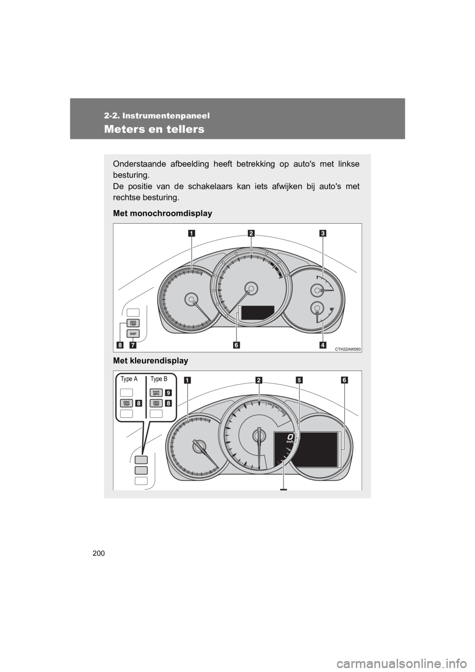 TOYOTA 86 2017 Instructieboekje (in Dutch) 200
86_EE (OM18071E)
2-2. Instrumentenpaneel
Meters en tellers
Onderstaande afbeelding heeft betrekking op auto's met linkse
besturing.
De positie van de schakelaars kan iets afwijk TOYOTA 86 2017 Instructieboekje (in Dutch) 200
86_EE (OM18071E)
2-2. Instrumentenpaneel
Meters en tellers
Onderstaande afbeelding heeft betrekking op auto's met linkse
besturing.
De positie van de schakelaars kan iets afwijk