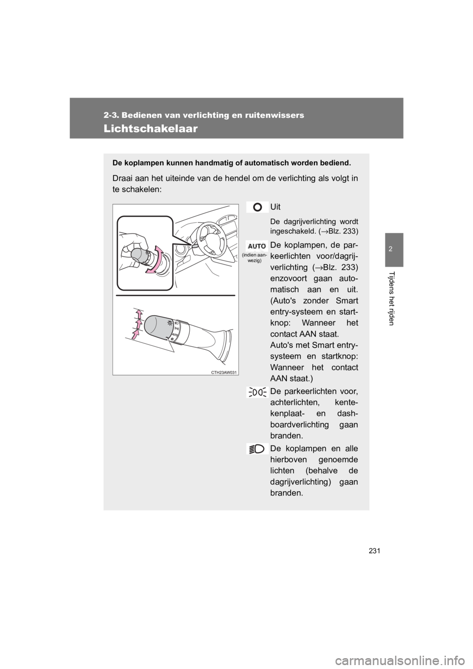 TOYOTA 86 2017 Instructieboekje (in Dutch) 231
2
Tijdens het rijden
86_EE (OM18071E)
2-3. Bedienen van verlichting en ruitenwissers
Lichtschakelaar
De koplampen kunnen handmatig of automatisch worden bediend.
Draai aan het uiteinde van de hend TOYOTA 86 2017 Instructieboekje (in Dutch) 231
2
Tijdens het rijden
86_EE (OM18071E)
2-3. Bedienen van verlichting en ruitenwissers
Lichtschakelaar
De koplampen kunnen handmatig of automatisch worden bediend.
Draai aan het uiteinde van de hend