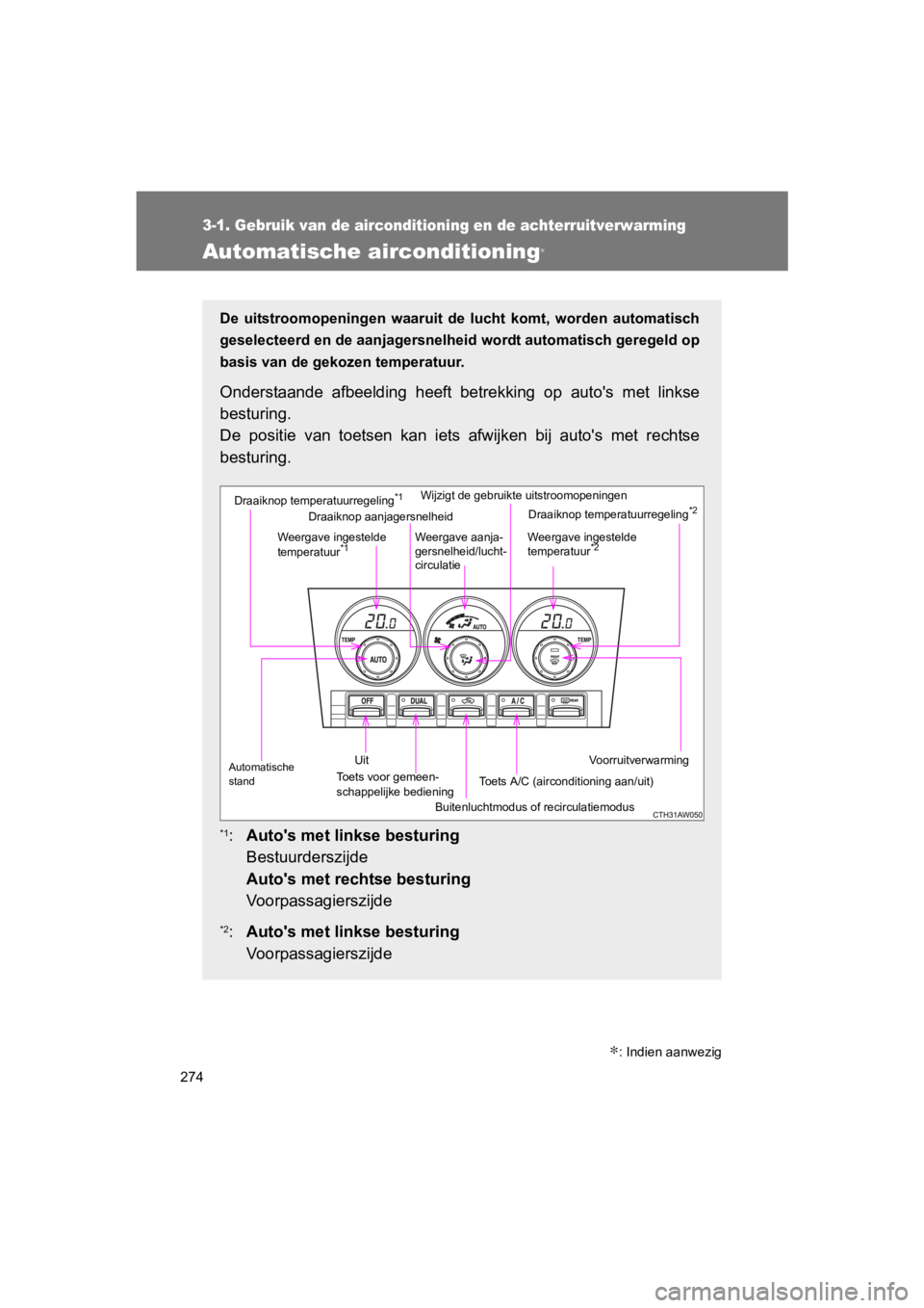TOYOTA 86 2017  Instructieboekje (in Dutch) 274
3-1. Gebruik van de airconditioning en de achterruitverwarming
86_EE (OM18071E)
Automatische airconditioning∗
De  uitstroomopeningen  waaruit  de  lucht  komt,  worden  automatisch
geselecteerd 