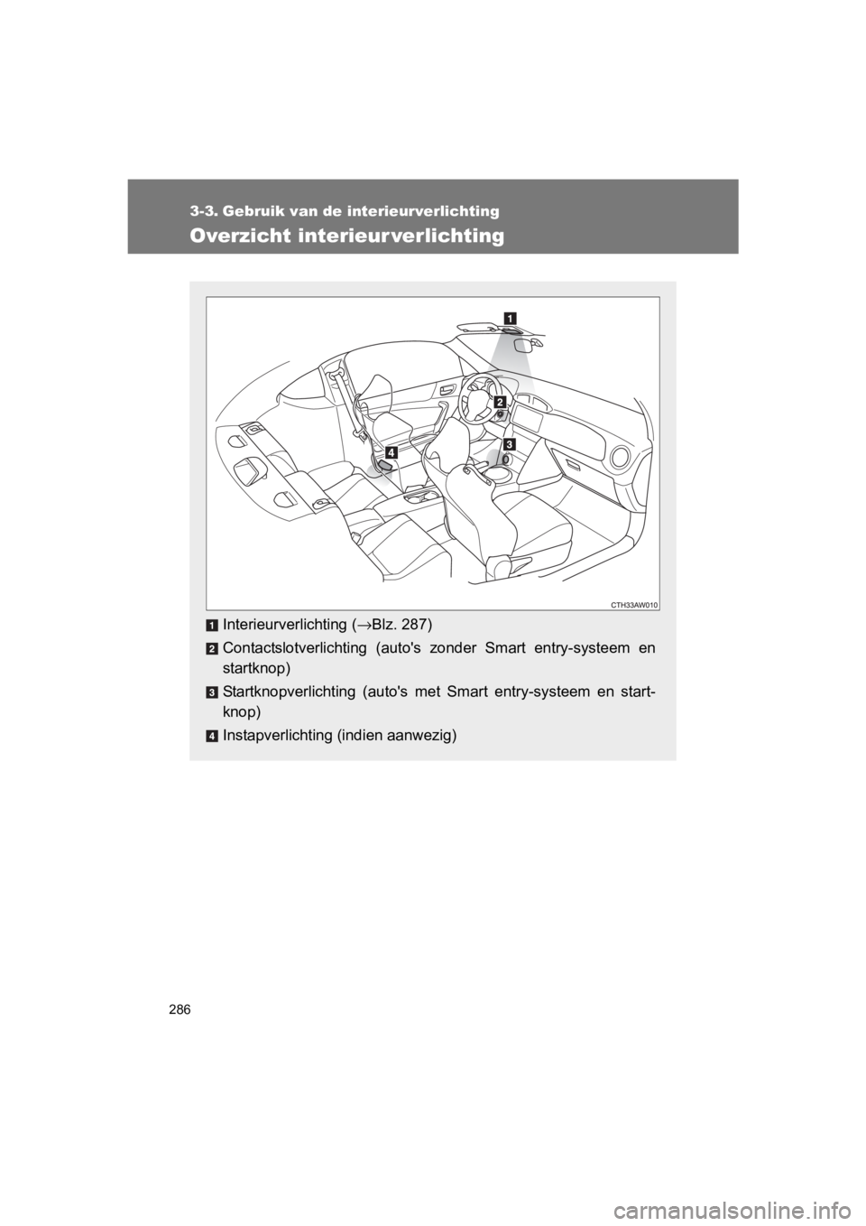 TOYOTA 86 2017  Instructieboekje (in Dutch) 286
86_EE (OM18071E)
3-3. Gebruik van de interieurverlichting
Overzicht interieur verlichting
Interieurverlichting (→Blz. 287)
Contactslotverlichting  (auto's  zonder  Smart  entry-systeem  en
s
