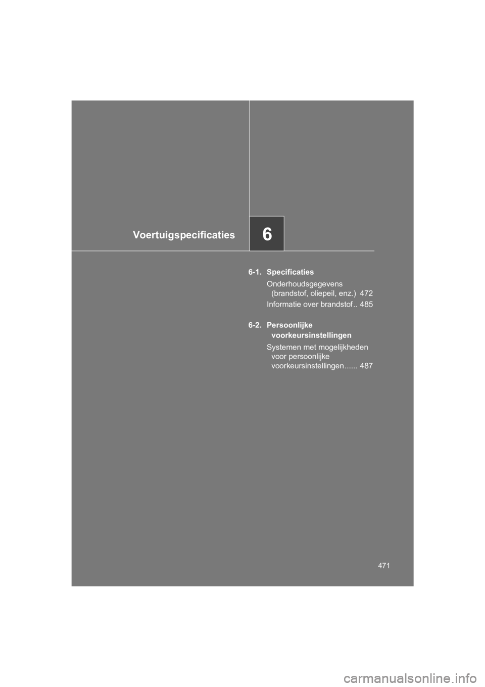 TOYOTA 86 2017 Instructieboekje (in Dutch) 6Voertuigspecificaties
471
86_EE (OM18071E)
6-1. SpecificatiesOnderhoudsgegevens (brandstof, oliepeil, enz.) 472
Informatie over brandstof .. 485
6-2. Persoonlijke voorkeursinstellingen
Systemen me TOYOTA 86 2017 Instructieboekje (in Dutch) 6Voertuigspecificaties
471
86_EE (OM18071E)
6-1. SpecificatiesOnderhoudsgegevens (brandstof, oliepeil, enz.) 472
Informatie over brandstof .. 485
6-2. Persoonlijke voorkeursinstellingen
Systemen me