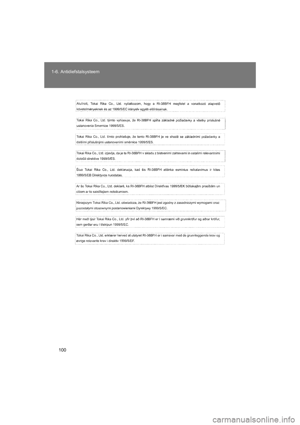 TOYOTA 86 2017  Instructieboekje (in Dutch) 100
1-6. Antidiefstalsysteem
86_EE (OM18071E)
86_OM_Europe_OM18071E.book  Pag
e 100  Friday, August 26, 2016  9:44 AM 