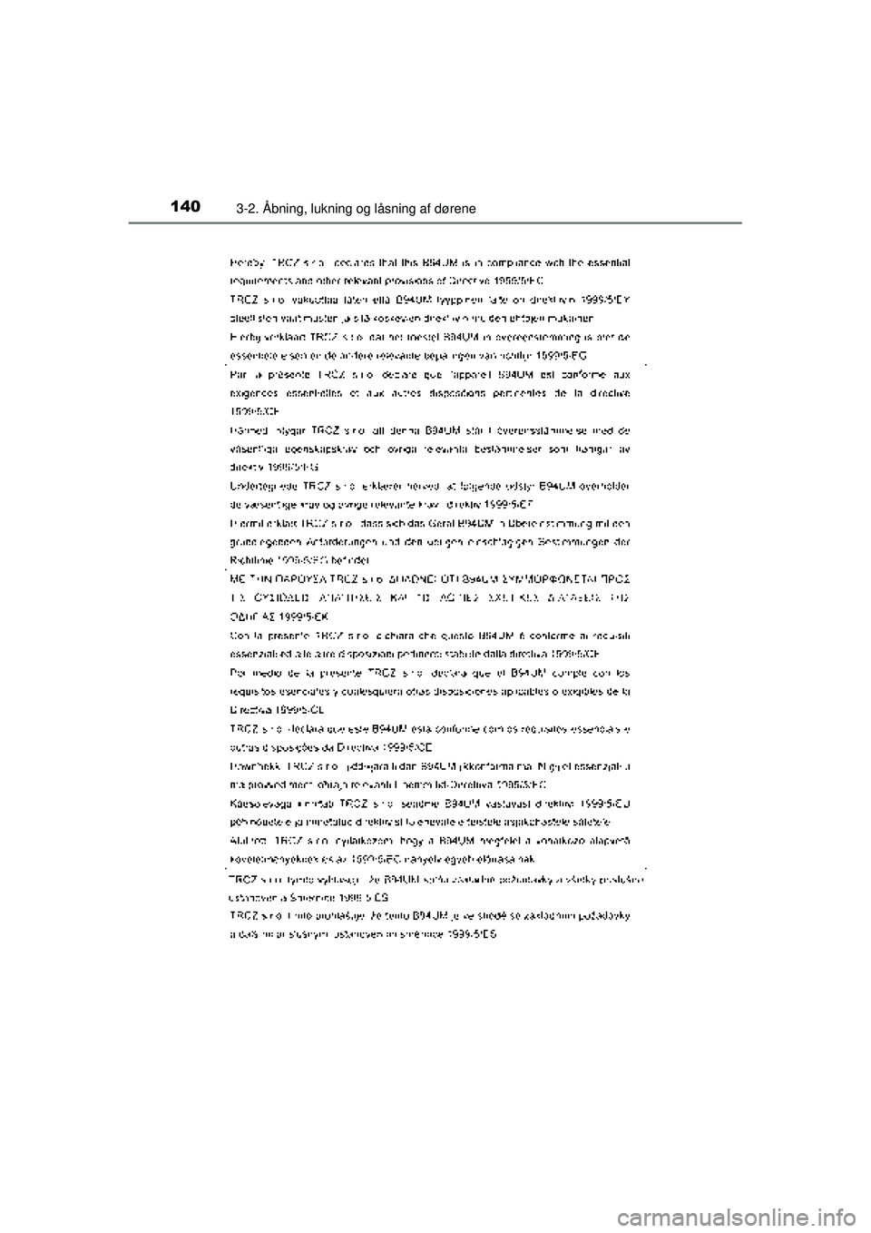 TOYOTA AURIS HYBRID 2015  Brugsanvisning (in Danish) 1403-2. Åbning, lukning og låsning af dørene
OM12J68DK
OM12J68DK.book  Page 140  Saturday, May 30, 2015  2:06 PM 