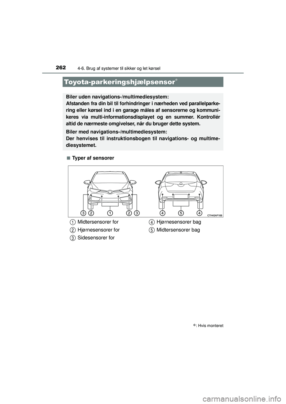 TOYOTA AURIS HYBRID 2015 Brugsanvisning (in Danish) 2624-6. Brug af systemer til sikker og let kørsel
OM12J68DK■
Typer af sensorer
Toyota-parkeringshjælpsensor∗
∗: Hvis monteret
Biler uden navigations-/multimediesystem:
Afstanden fra din bil t TOYOTA AURIS HYBRID 2015 Brugsanvisning (in Danish) 2624-6. Brug af systemer til sikker og let kørsel
OM12J68DK■
Typer af sensorer
Toyota-parkeringshjælpsensor∗
∗: Hvis monteret
Biler uden navigations-/multimediesystem:
Afstanden fra din bil t