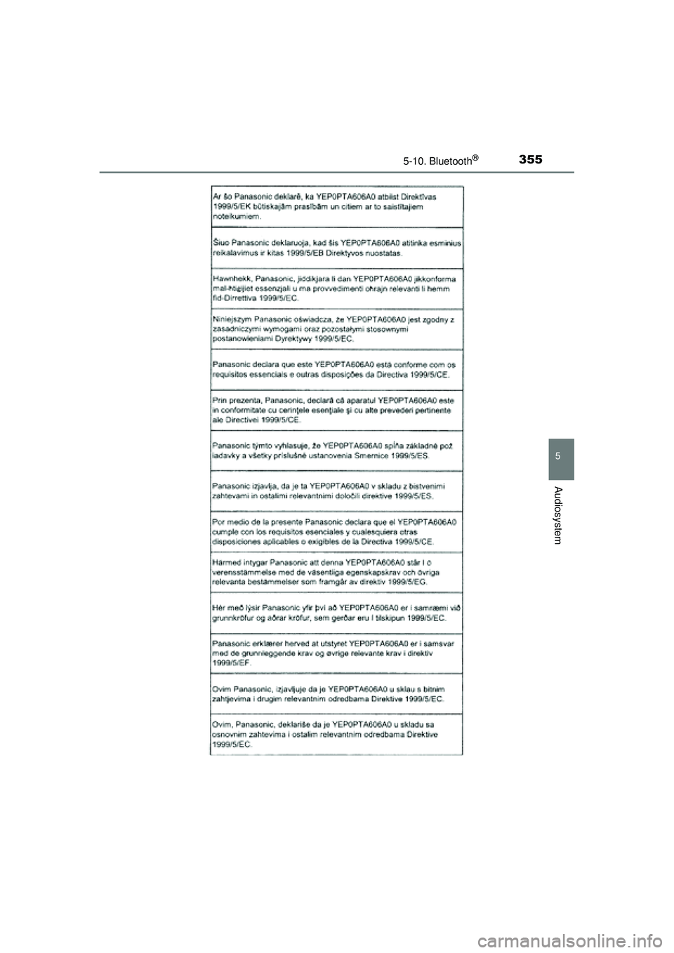 TOYOTA AURIS HYBRID 2015 Brugsanvisning (in Danish) 3555-10. Bluetooth®
OM12J68DK
5
Audiosystem
OM12J68DK.book Page 355 Saturday, May 30, 2015 2:06 PM TOYOTA AURIS HYBRID 2015 Brugsanvisning (in Danish) 3555-10. Bluetooth®
OM12J68DK
5
Audiosystem
OM12J68DK.book Page 355 Saturday, May 30, 2015 2:06 PM