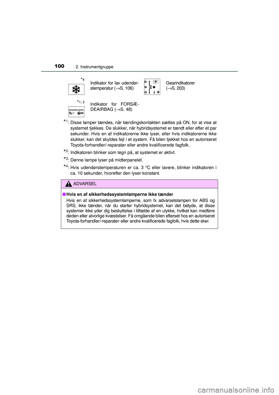 TOYOTA AURIS HYBRID 2015 Brugsanvisning (in Danish) 1002. Instrumentgruppe
OM12J68DK
*1: Disse lamper tændes, når tændingskontakten sættes på ON, for at vise atsystemet tjekkes. De slukker, når hybridsystemet er tændt eller efter et par
sekunder TOYOTA AURIS HYBRID 2015 Brugsanvisning (in Danish) 1002. Instrumentgruppe
OM12J68DK
*1: Disse lamper tændes, når tændingskontakten sættes på ON, for at vise atsystemet tjekkes. De slukker, når hybridsystemet er tændt eller efter et par
sekunder