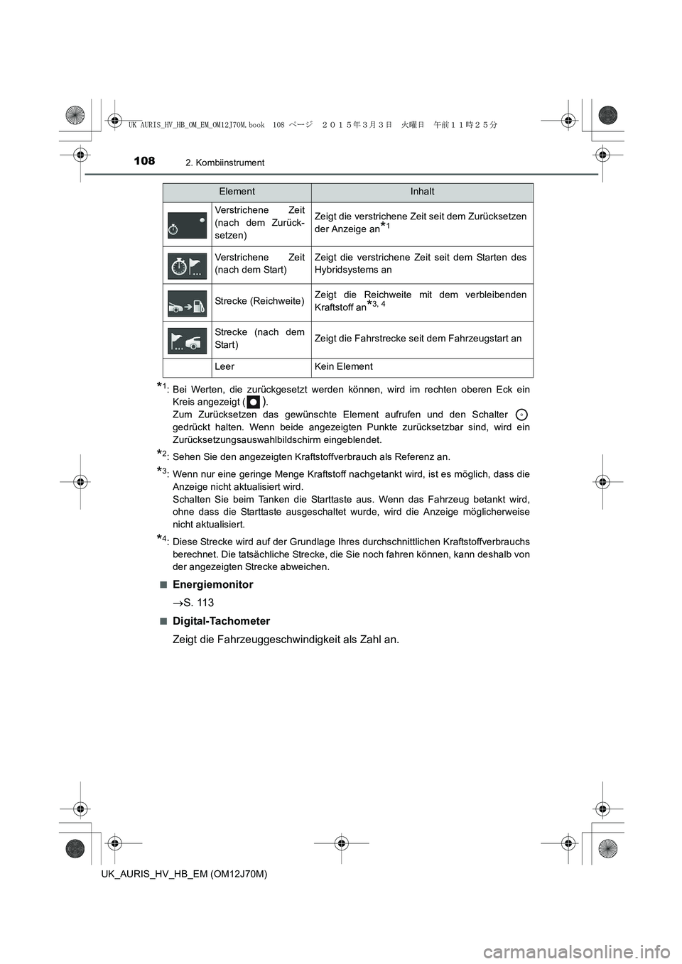 TOYOTA AURIS HYBRID 2015 Betriebsanleitungen (in German) 1082. Kombiinstrument
UK_AURIS_HV_HB_EM (OM12J70M)
*1: Bei Werten, die zurückgesetzt werden können, wird im rechten oberen Eck ein
Kreis angezeigt (
).
Zum Zurücksetzen das gewünschte Element auf TOYOTA AURIS HYBRID 2015 Betriebsanleitungen (in German) 1082. Kombiinstrument
UK_AURIS_HV_HB_EM (OM12J70M)
*1: Bei Werten, die zurückgesetzt werden können, wird im rechten oberen Eck ein
Kreis angezeigt (
).
Zum Zurücksetzen das gewünschte Element auf