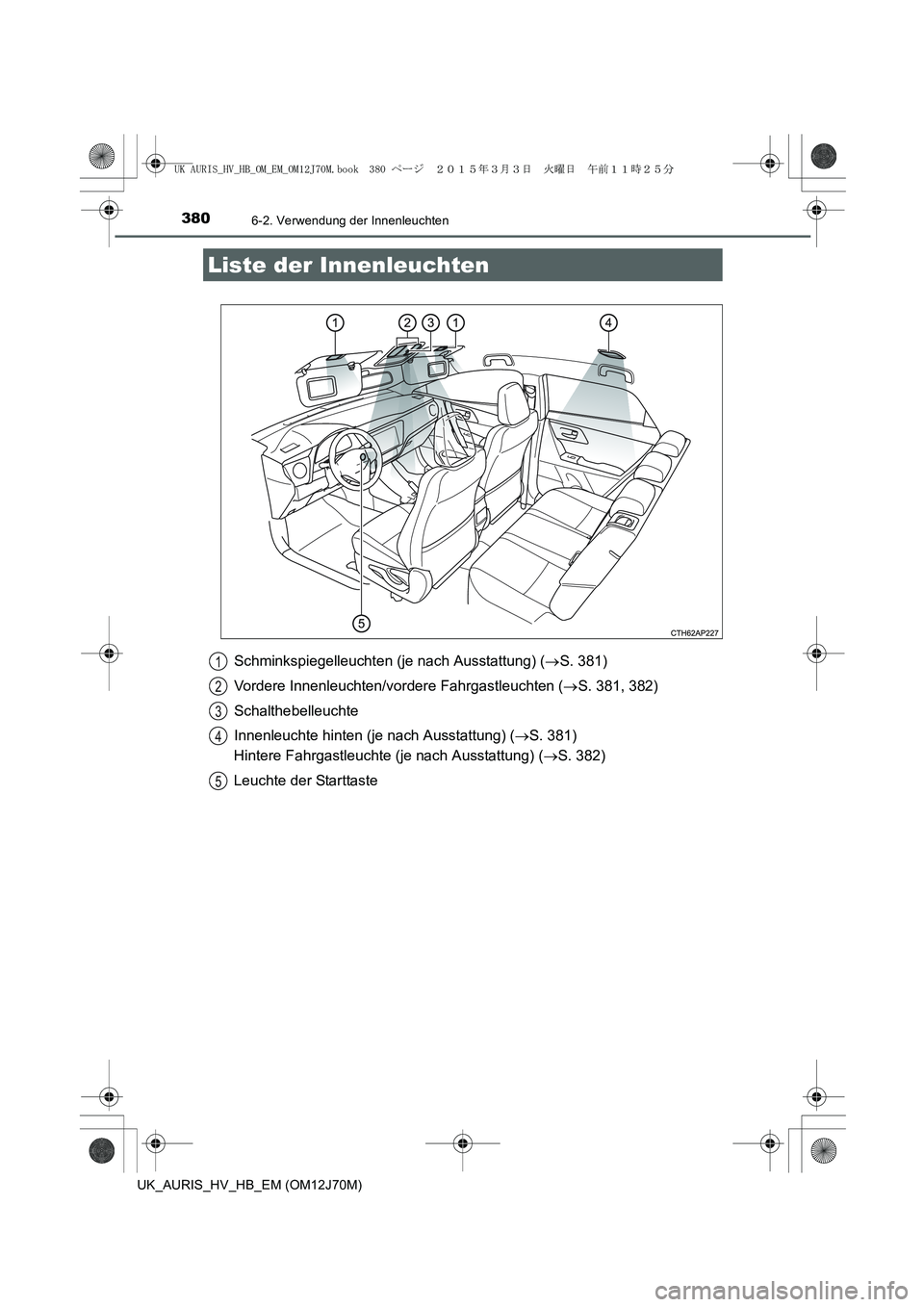 TOYOTA AURIS HYBRID 2015  Betriebsanleitungen (in German) 380
UK_AURIS_HV_HB_EM (OM12J70M)
6-2. Verwendung der Innenleuchten
Schminkspiegelleuchten (je nach Ausstattung) (→S. 381)
Vordere Innenleuchten/vordere Fahrgastleuchten (→S. 381, 382)
Schalthebell