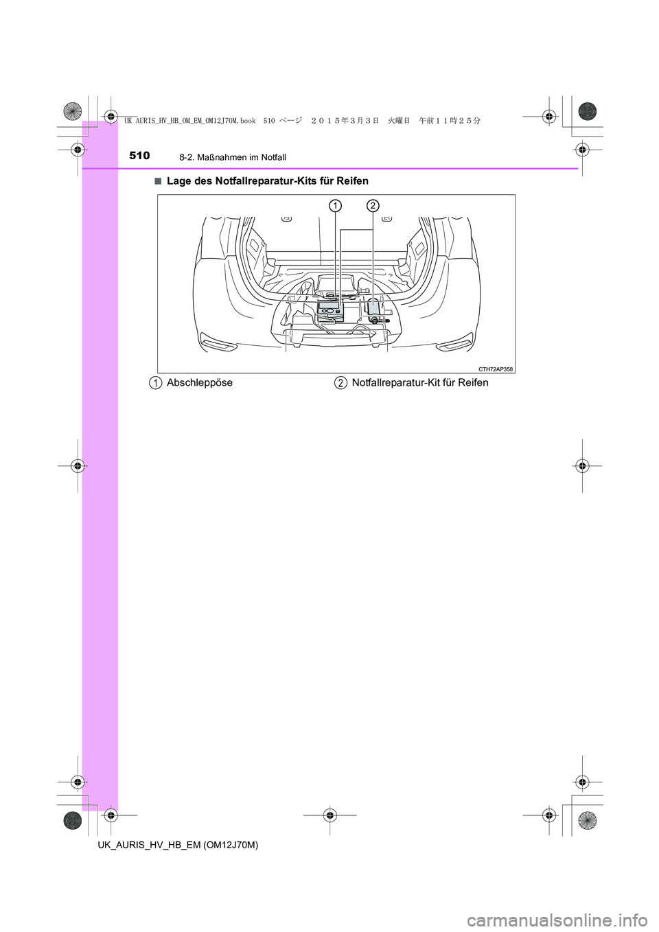 TOYOTA AURIS HYBRID 2015 Betriebsanleitungen (in German) 5108-2. Maßnahmen im Notfall
UK_AURIS_HV_HB_EM (OM12J70M)■
Lage des Notfallreparatur-Kits für Reifen
Abschleppöse Notfallreparatur-Kit für Reifen12
UK AURIS_HV_HB_OM_EM_OM12J70M.book 510 ペー TOYOTA AURIS HYBRID 2015 Betriebsanleitungen (in German) 5108-2. Maßnahmen im Notfall
UK_AURIS_HV_HB_EM (OM12J70M)■
Lage des Notfallreparatur-Kits für Reifen
Abschleppöse Notfallreparatur-Kit für Reifen12
UK AURIS_HV_HB_OM_EM_OM12J70M.book 510 ペー
