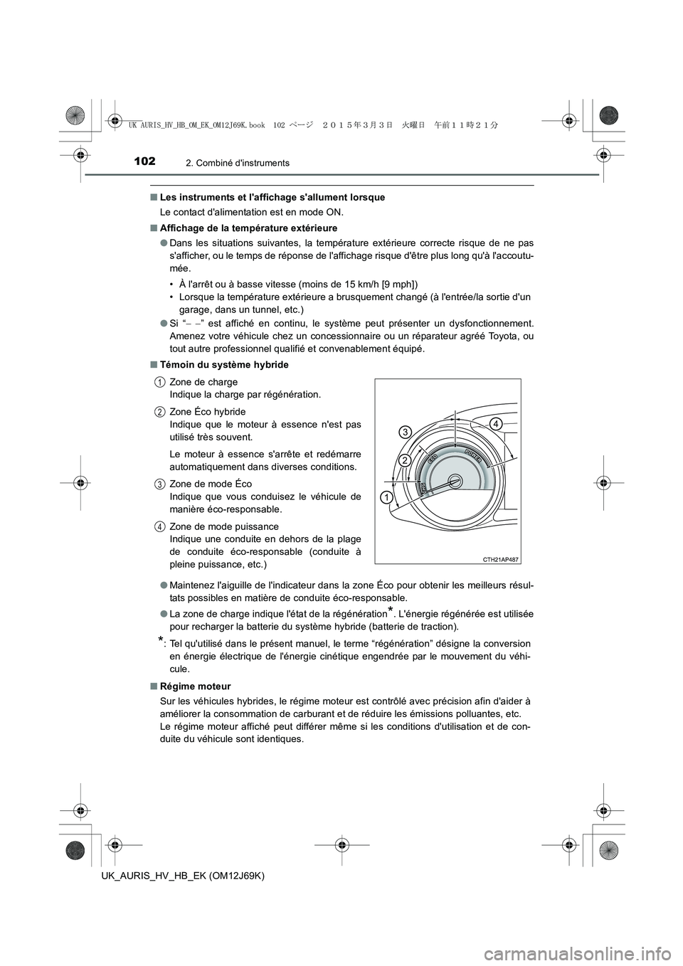 TOYOTA AURIS HYBRID 2015 Manuel du propriétaire (in French) 1022. Combiné dinstruments
UK_AURIS_HV_HB_EK (OM12J69K)
■Les instruments et laffichage sallument lorsque
Le contact dalimentation est en mode ON.
■Affichage de la température extérieure
● TOYOTA AURIS HYBRID 2015 Manuel du propriétaire (in French) 1022. Combiné dinstruments
UK_AURIS_HV_HB_EK (OM12J69K)
■Les instruments et laffichage sallument lorsque
Le contact dalimentation est en mode ON.
■Affichage de la température extérieure
●