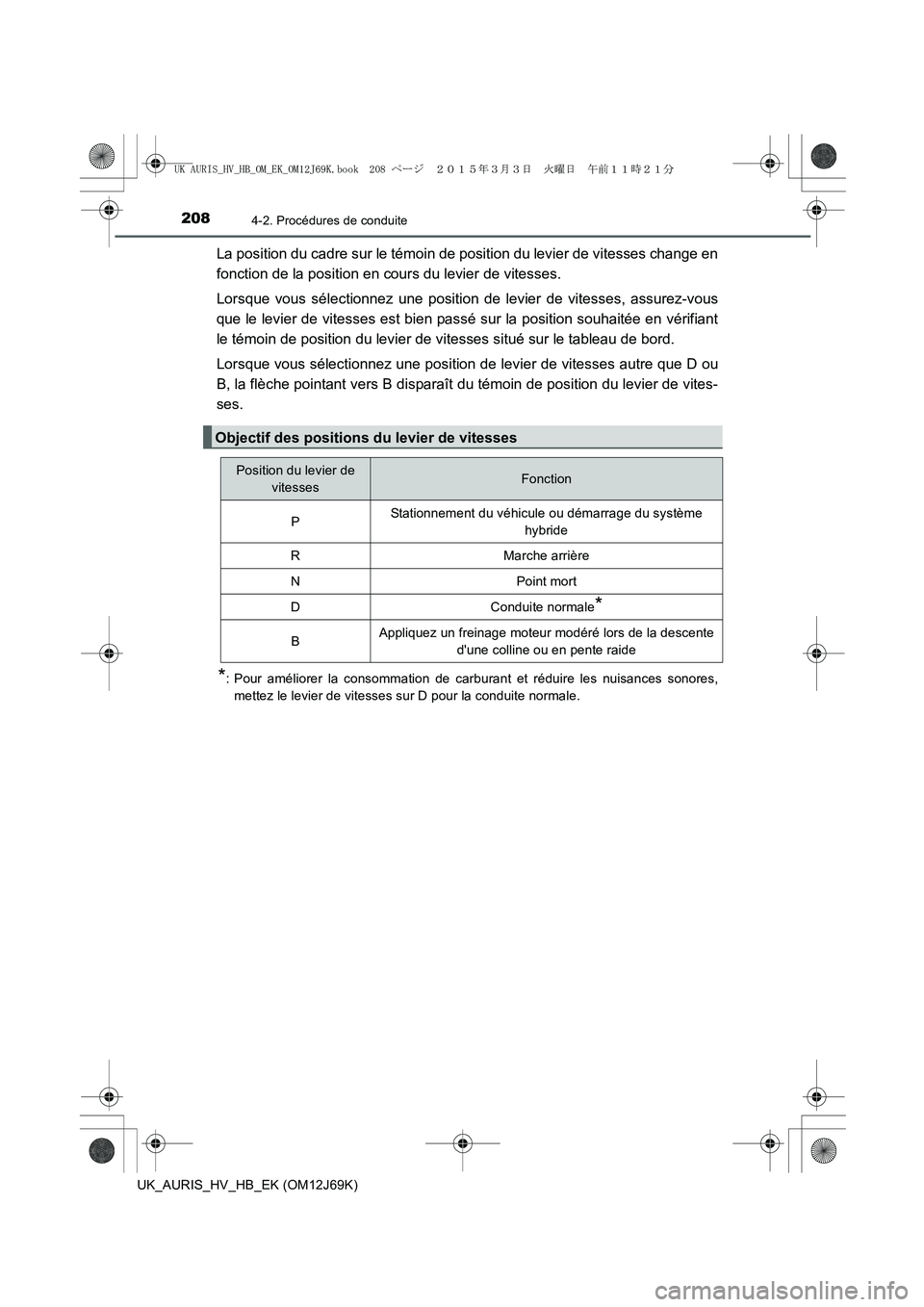 TOYOTA AURIS HYBRID 2015 Manuel du propriétaire (in French) 2084-2. Procédures de conduite
UK_AURIS_HV_HB_EK (OM12J69K)
La position du cadre sur le témoin de position du levier de vitesses change en
fonction de la position en cours du levier de vitesses.
Lor TOYOTA AURIS HYBRID 2015 Manuel du propriétaire (in French) 2084-2. Procédures de conduite
UK_AURIS_HV_HB_EK (OM12J69K)
La position du cadre sur le témoin de position du levier de vitesses change en
fonction de la position en cours du levier de vitesses.
Lor