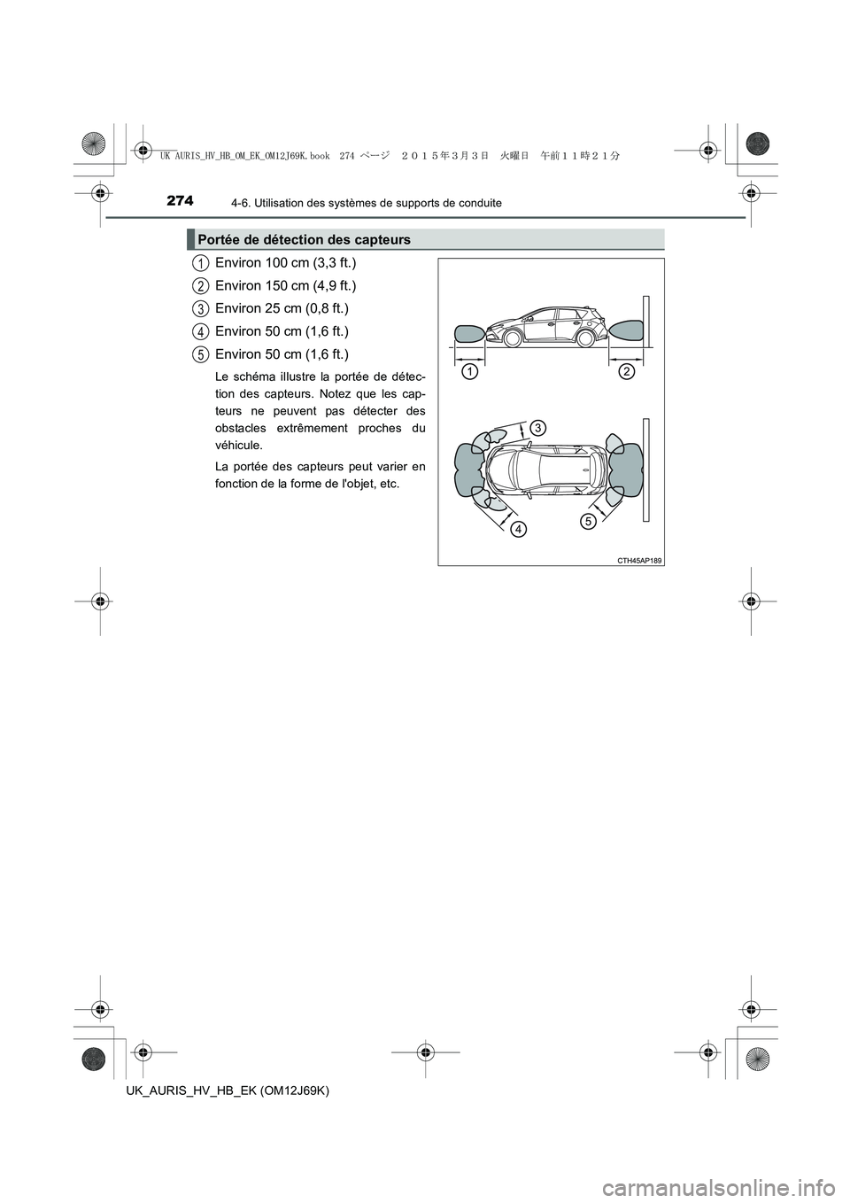 TOYOTA AURIS HYBRID 2015  Manuel du propriétaire (in French) 2744-6. Utilisation des systèmes de supports de conduite
UK_AURIS_HV_HB_EK (OM12J69K)
Environ 100 cm (3,3 ft.)
Environ 150 cm (4,9 ft.)
Environ 25 cm (0,8 ft.)
Environ 50 cm (1,6 ft.)
Environ 50 cm (