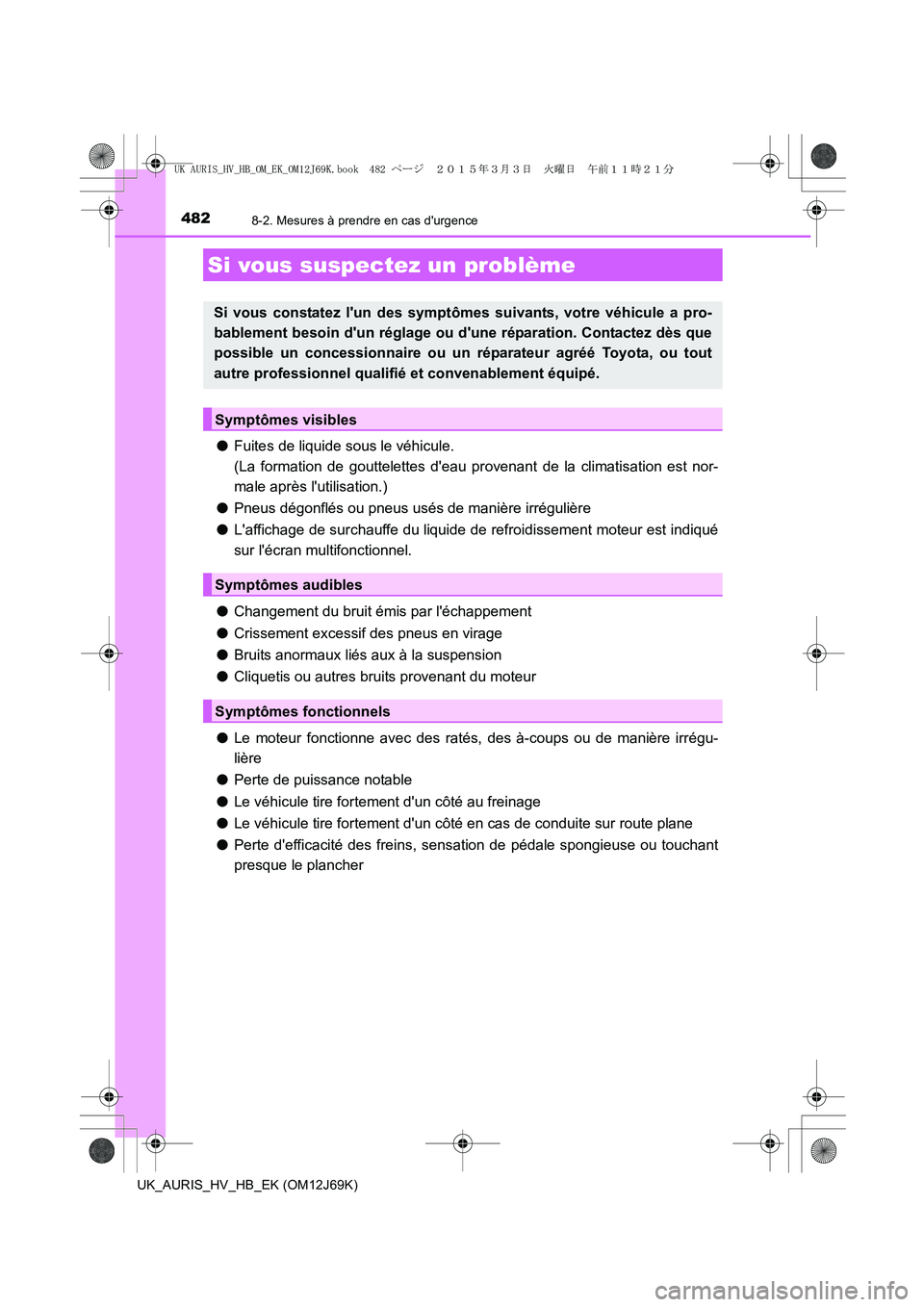 TOYOTA AURIS HYBRID 2015 Manuel du propriétaire (in French) 4828-2. Mesures à prendre en cas durgence
UK_AURIS_HV_HB_EK (OM12J69K)
●Fuites de liquide sous le véhicule.
(La formation de gouttelettes deau provenant de la climatisation est nor-
male après TOYOTA AURIS HYBRID 2015 Manuel du propriétaire (in French) 4828-2. Mesures à prendre en cas durgence
UK_AURIS_HV_HB_EK (OM12J69K)
●Fuites de liquide sous le véhicule.
(La formation de gouttelettes deau provenant de la climatisation est nor-
male après