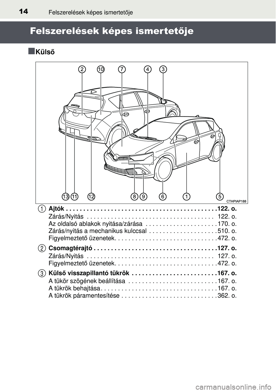 TOYOTA AURIS HYBRID 2015 Kezelési útmutató (in Hungarian) 14Felszerelések képes ismertetője
Felszerelések képes ismer tetője
Küls ő
Ajtók . . . . . . . . . . . . . . . . . . . . . . . . . . . . . . . . . . . .\
. . . . . . . . 122. o.
Zárás/N TOYOTA AURIS HYBRID 2015 Kezelési útmutató (in Hungarian) 14Felszerelések képes ismertetője
Felszerelések képes ismer tetője
Küls ő
Ajtók . . . . . . . . . . . . . . . . . . . . . . . . . . . . . . . . . . . .\
. . . . . . . . 122. o.
Zárás/N