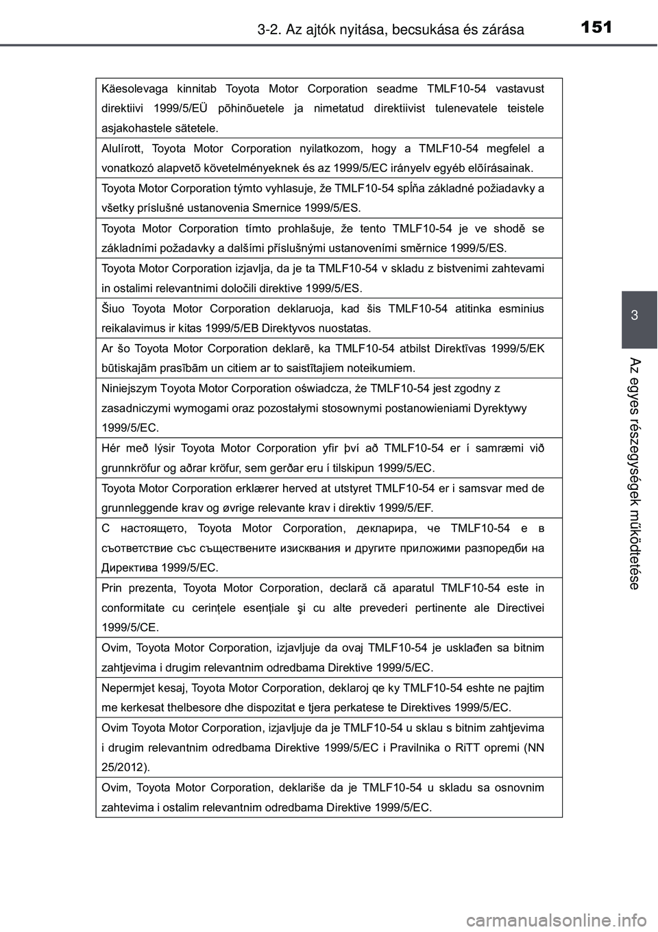 TOYOTA AURIS HYBRID 2015  Kezelési útmutató (in Hungarian) 1513-2. Az ajtók nyitása, becsukása és zárása
3
Az egyes részegységek m űködtetése
Käesolevaga kinnitab Toyota Motor Corporation seadme TMLF10-54 vastavust 
direktiivi 1999/5/EÜ põhinõu