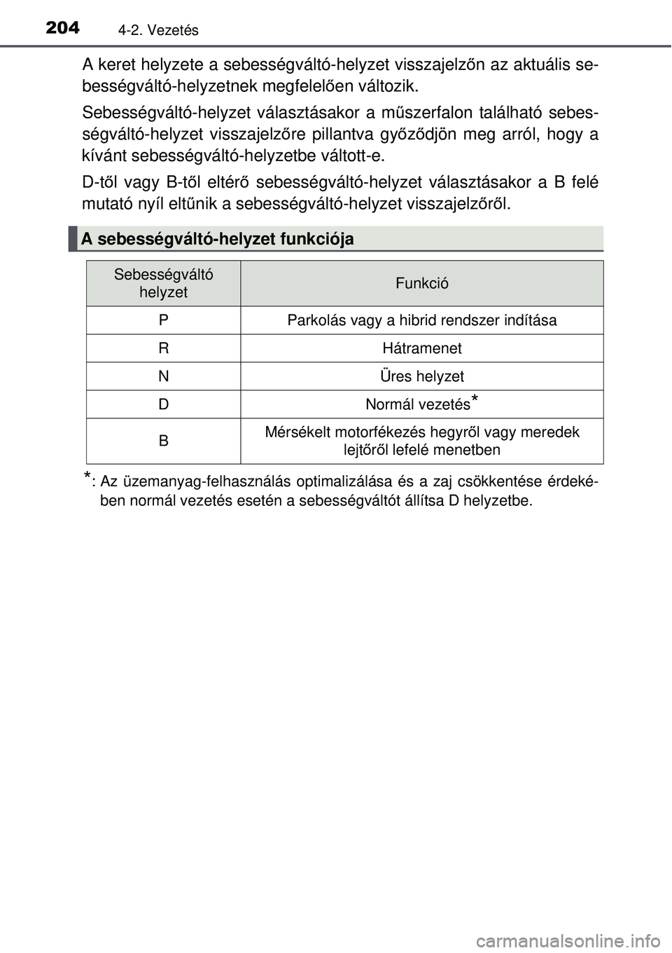 TOYOTA AURIS HYBRID 2015 Kezelési útmutató (in Hungarian) 2044-2. Vezetés
A keret helyzete a sebességváltó-helyzet visszajelzőn az aktuális se-
bességváltó-helyzetnek megfelel ően változik.
Sebességváltó-helyzet választásakor a m űszerfalon TOYOTA AURIS HYBRID 2015 Kezelési útmutató (in Hungarian) 2044-2. Vezetés
A keret helyzete a sebességváltó-helyzet visszajelzőn az aktuális se-
bességváltó-helyzetnek megfelel ően változik.
Sebességváltó-helyzet választásakor a m űszerfalon