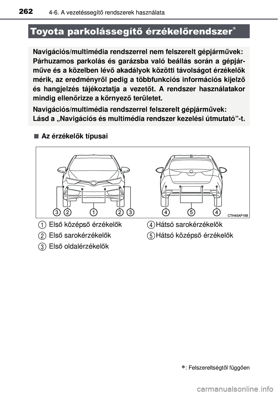 TOYOTA AURIS HYBRID 2015 Kezelési útmutató (in Hungarian) 2624-6. A vezetéssegítő rendszerek használata
Az érzékel ők típusai
Toyota parkolássegít ő érzékelőrendszer
: Felszereltségt ől függ ően
Navigációs/multimédia rendszerrel TOYOTA AURIS HYBRID 2015 Kezelési útmutató (in Hungarian) 2624-6. A vezetéssegítő rendszerek használata
Az érzékel ők típusai
Toyota parkolássegít ő érzékelőrendszer
: Felszereltségt ől függ ően
Navigációs/multimédia rendszerrel