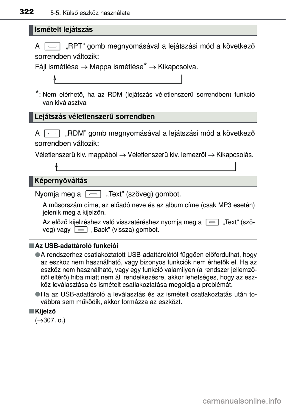 TOYOTA AURIS HYBRID 2015 Kezelési útmutató (in Hungarian) 3225-5. Külső eszköz használata
A „RPT” gomb megnyomásával a lejátszási mód a következ ő
sorrendben változik:
Fájl ismétlése Mappa ismétlése
* Kikapcsolva.
*: Nem el TOYOTA AURIS HYBRID 2015 Kezelési útmutató (in Hungarian) 3225-5. Külső eszköz használata
A „RPT” gomb megnyomásával a lejátszási mód a következ ő
sorrendben változik:
Fájl ismétlése Mappa ismétlése
* Kikapcsolva.
*: Nem el