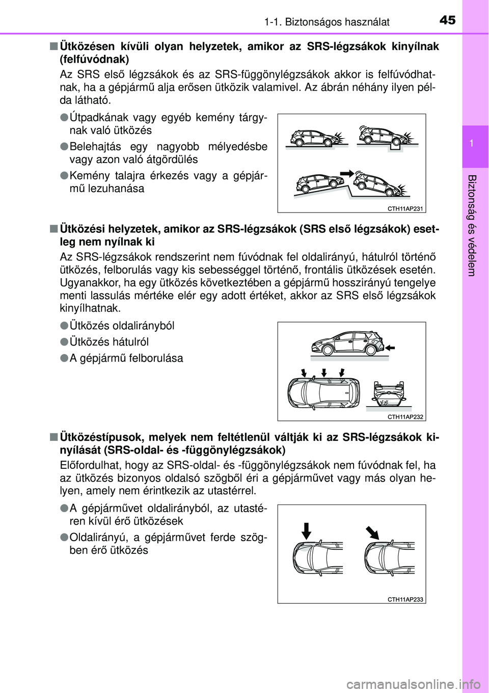 TOYOTA AURIS HYBRID 2015  Kezelési útmutató (in Hungarian) 451-1. Biztonságos használat
1
Biztonság és védelem
Ütközésen kívüli olyan helyzetek, amikor az SRS-légzsá\
kok kinyílnak
(felfúvódnak) 
Az SRS els ő légzsákok és az SRS-függön