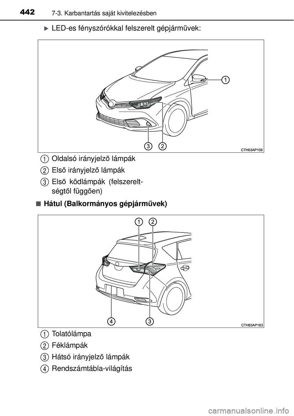 TOYOTA AURIS HYBRID 2015  Kezelési útmutató (in Hungarian) 4427-3. Karbantartás saját kivitelezésben
LED-es fényszórókkal felszerelt gépjárm űvek:
Hátul (Balkormányos gépjárm űvek)
Oldalsó irányjelző lámpák
Első  irányjelz ő lámp