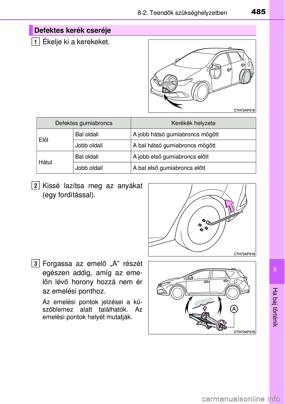 TOYOTA AURIS HYBRID 2015 Kezelési útmutató (in Hungarian) 4858-2. Teendők szükséghelyzetben
8
Ha baj történik
Ékelje ki a kerekeket.
Kissé lazítsa meg az anyákat
(egy fordítással).
Forgassa az emelő „A” részét
egészen addig, amíg az eme- TOYOTA AURIS HYBRID 2015 Kezelési útmutató (in Hungarian) 4858-2. Teendők szükséghelyzetben
8
Ha baj történik
Ékelje ki a kerekeket.
Kissé lazítsa meg az anyákat
(egy fordítással).
Forgassa az emelő „A” részét
egészen addig, amíg az eme-