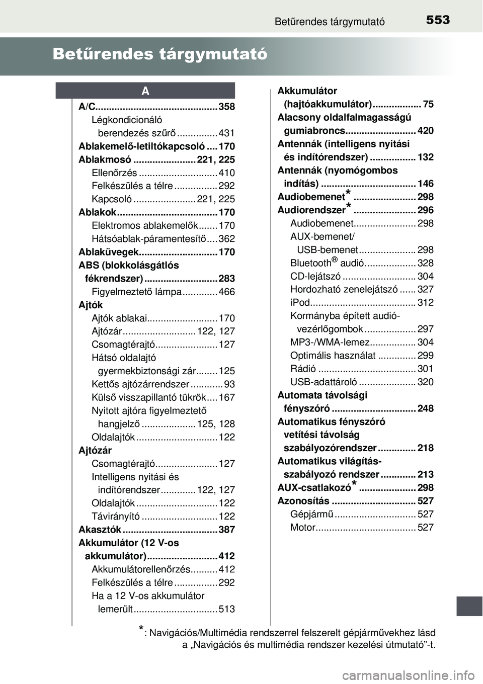TOYOTA AURIS HYBRID 2015  Kezelési útmutató (in Hungarian) 553Betűrendes tárgymutató
Betűrendes tárgymutató
A/C............................................. 358
Légkondicionáló 
berendezés sz űrő ............... 431
Ablakemel ő-letiltókapcsoló 