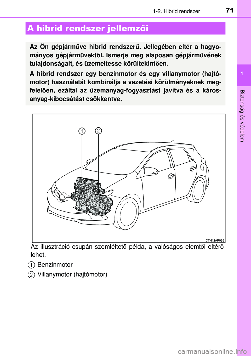 TOYOTA AURIS HYBRID 2015  Kezelési útmutató (in Hungarian) 71
1
Biztonság és védelem
1-2. Hibrid rendszer
Az illusztráció csupán szemléltető példa, a valóságos elemt ől eltér ő
lehet.
Benzinmotor
Villanymotor (hajtómotor)
A hibrid rendszer jell