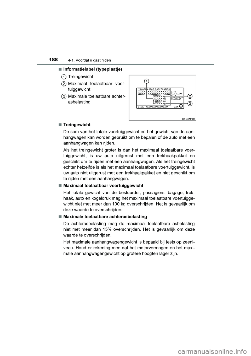 TOYOTA AURIS HYBRID 2015 Instructieboekje (in Dutch) 1884-1. Voordat u gaat rijden
UK AURIS_HV_HB_EE (OM12J68E)■
Informatielabel (typeplaatje)
Treingewicht
Maximaal toelaatbaar voer-
tuiggewicht
Maximale toelaatbare achter-
asbelasting
■Treingewicht TOYOTA AURIS HYBRID 2015 Instructieboekje (in Dutch) 1884-1. Voordat u gaat rijden
UK AURIS_HV_HB_EE (OM12J68E)■
Informatielabel (typeplaatje)
Treingewicht
Maximaal toelaatbaar voer-
tuiggewicht
Maximale toelaatbare achter-
asbelasting
■Treingewicht