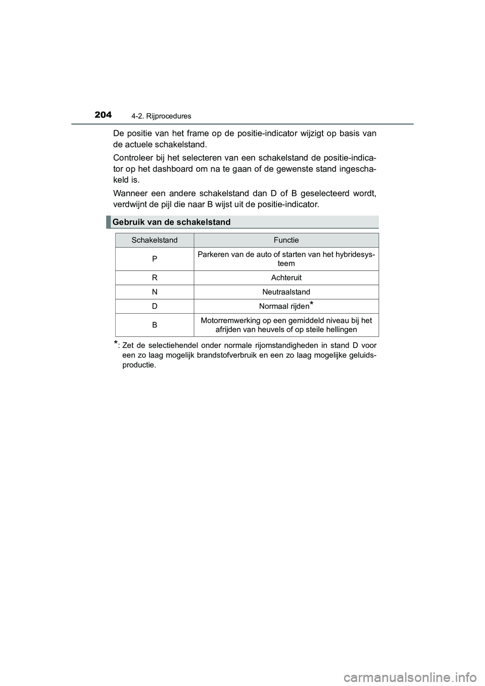 TOYOTA AURIS HYBRID 2015 Instructieboekje (in Dutch) 2044-2. Rijprocedures
UK AURIS_HV_HB_EE (OM12J68E)
De positie van het frame op de positie-indicator wijzigt op basis van
de actuele schakelstand.
Controleer bij het selecteren van een schakelstand de TOYOTA AURIS HYBRID 2015 Instructieboekje (in Dutch) 2044-2. Rijprocedures
UK AURIS_HV_HB_EE (OM12J68E)
De positie van het frame op de positie-indicator wijzigt op basis van
de actuele schakelstand.
Controleer bij het selecteren van een schakelstand de